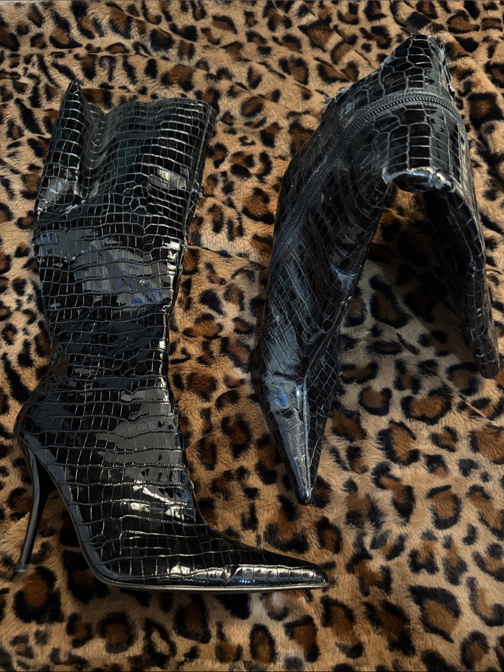 Red Black Croc-Embossed Pointed Toe Stiletto Boots - Women
